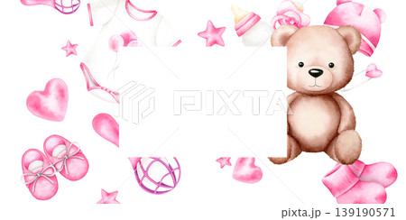 Teddy bear, bodysuit, beanie, socks, shoes, rattle, pacifier, bottle, stars, heart. Pink girl items frame with copy space for baby shower, birthday cards. Watercolor hand drawn illustration on white. 139190571