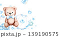 Teddy bear, bodysuit, shoes, rattle, pacifier, bottle, stars, heart. Blue baby boy items frame with copy space for baby shower cards, birthday invitations. Watercolor hand drawn illustration on white. 139190575