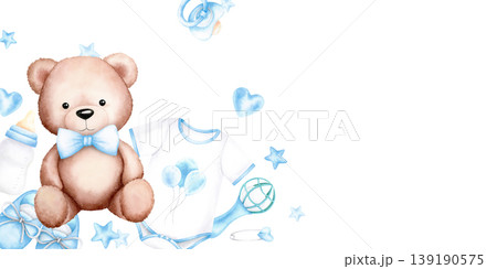 Teddy bear, bodysuit, shoes, rattle, pacifier, bottle, stars, heart. Blue baby boy items frame with copy space for baby shower cards, birthday invitations. Watercolor hand drawn illustration on white. Teddy bear, bodysuit, shoes, rattle, pacifier, bottle, stars, heart. Blue baby boy items frame with copy space for baby shower cards, birthday invitations. Watercolor hand drawn illustration on white. 139190575