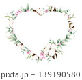 Cotton, eucalyptus, snowberries heart shape frame. Watercolor hand drawn illustration isolated on white. Botanical painting with copy space for greeting cards, wedding invitations, prints, postcards. 139190580