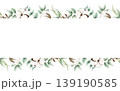 Watercolor cotton green eucalyptus branches seamless border with copy space. Hand drawn illustration isolated on white. Botanical painting for greeting cards, invitations, wedding design, web banners. 139190585