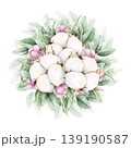 Hand drawn soft elegant cotton, eucalyptus and pink snowberries bouquet. Watercolor botanical illustration isolated on white background. Drawing for floral greeting cards, invitation, wedding designs. 139190587
