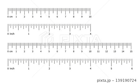 Ruler scale, measuring chart with 4 inches and 10 centimeters, 6 inches and 15 centimeters. Length measurement distance, height, math. Template of sewing tool with 4inch and 6inch and 10cm and 15cm. 139190724