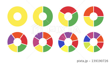 Multicoloured diagrams infographic. Circle section graph. Pie, pizza chart layout. Multicolored donut charts, pies segmented on from 1 to 8 equal parts. Wheels divided in sections. Loading bar mockup. 139190726