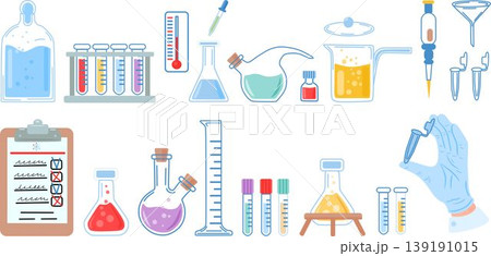 this comprehensive set features colorful vector illustrations of medical lab essentials including flasks test tubes a checklist and a gloved hand holding a sample. ideal for science education and heal this comprehensive set features colorful vector illustrations of medical lab essentials including flasks test tubes a checklist and a gloved hand holding a sample. ideal for science education and heal 139191015
