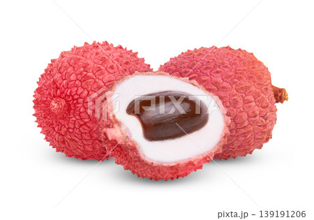 Isolated lychees and cut in half of pink lychee with seed. Isolated lychees and cut in half of pink lychee with seed. 139191206