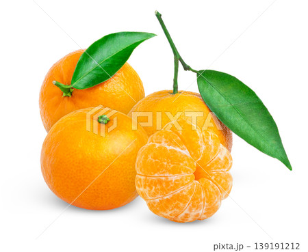 Clementine or tangerine and green leaf with peeled slice isolated. Juicy mandarines with leaves. Clementine or tangerine and green leaf with peeled slice isolated. Juicy mandarines with leaves. 139191212