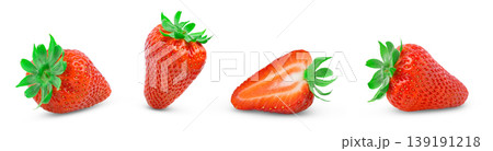 Strawberries isolated with clipping path. Isolated strawberry fruits whole and cut in half of strawberry. Strawberries isolated with clipping path. Isolated strawberry fruits whole and cut in half of strawberry. 139191218