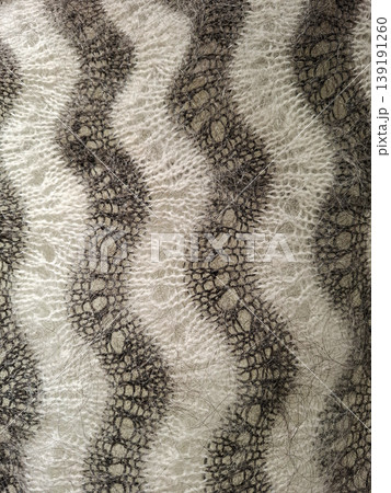 A close-up view of a mohair knitted fabric highlights a black and white wavy pattern. The fluffy texture is visible, showing the unique characteristics of the yarn used in the fabric. A close-up view of a mohair knitted fabric highlights a black and white wavy pattern. The fluffy texture is visible, showing the unique characteristics of the yarn used in the fabric. 139191260