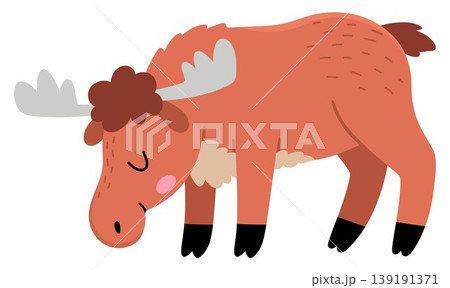 Vector cartoon elk isolated on white background. Funny moose clipart. Cute forest animal icon for kids. Flat woodland element. Woods wildlife illustration Vector cartoon elk isolated on white background. Funny moose clipart. Cute forest animal icon for kids. Flat woodland element. Woods wildlife illustration 139191371