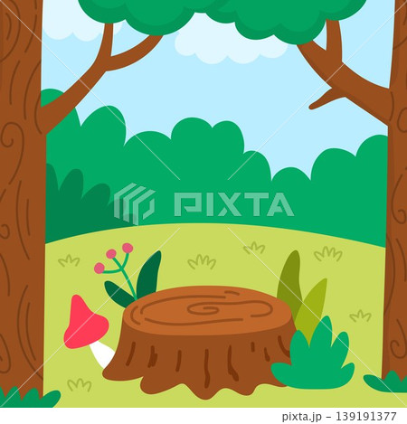 Cartoon forest background. Empty nature woodland landscape with trees, plants, mushroom, stump, grass. Wild thicket square scene for picture or story book creation 139191377