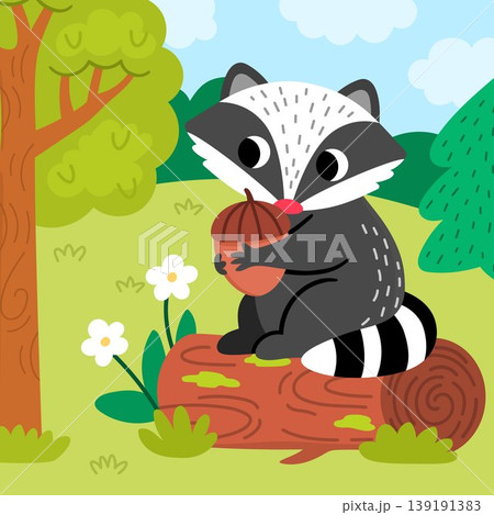 Square cartoon scene with raccoon sitting on log with acorn, fir tree, flower. Forest background with cute cartoon animal. Nature woodland story book landscape for kids. Funny wildlife scenery Square cartoon scene with raccoon sitting on log with acorn, fir tree, flower. Forest background with cute cartoon animal. Nature woodland story book landscape for kids. Funny wildlife scenery 139191383