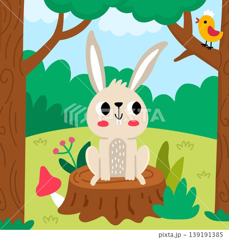 Square cartoon scene with rabbit sitting on tree stump. Forest background with cute cartoon animal. Nature woodland story book landscape with hare for kids. Funny wildlife scenery Square cartoon scene with rabbit sitting on tree stump. Forest background with cute cartoon animal. Nature woodland story book landscape with hare for kids. Funny wildlife scenery 139191385