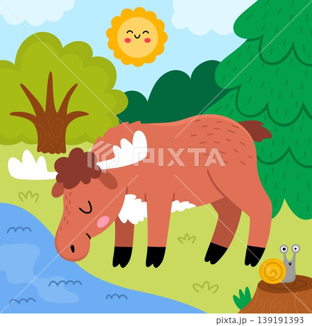 Square cartoon scene with elk drinking water from stream, fir tree, sun. Forest background with cute cartoon animal. Nature woodland story book landscape with moose for kids. Wildlife scenery Square cartoon scene with elk drinking water from stream, fir tree, sun. Forest background with cute cartoon animal. Nature woodland story book landscape with moose for kids. Wildlife scenery 139191393