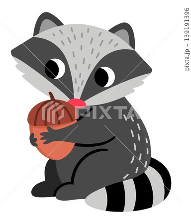 Vector cartoon raccoon sitting with acorn isolated on white background. Funny animalistic clipart. Cute forest animal icon for kids. Flat woodland element. Woods wildlife illustration Vector cartoon raccoon sitting with acorn isolated on white background. Funny animalistic clipart. Cute forest animal icon for kids. Flat woodland element. Woods wildlife illustration 139191396