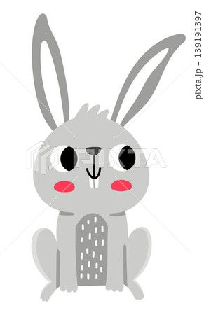 Vector cartoon grey rabbit isolated on white background. Funny hare or bunny clipart. Cute forest animal icon for kids. Flat woodland element. Woods wildlife illustration Vector cartoon grey rabbit isolated on white background. Funny hare or bunny clipart. Cute forest animal icon for kids. Flat woodland element. Woods wildlife illustration 139191397