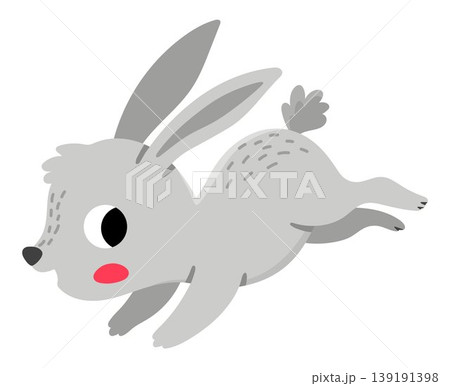 Vector cartoon hopping grey rabbit isolated on white background. Funny jumping hare or bunny clipart. Cute forest animal icon for kids. Flat woodland element. Woods wildlife illustration Vector cartoon hopping grey rabbit isolated on white background. Funny jumping hare or bunny clipart. Cute forest animal icon for kids. Flat woodland element. Woods wildlife illustration 139191398