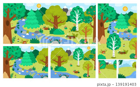 Cartoon forest backgrounds set. Empty nature woodland landscapes collection with trees, plants, stream, log, bushes. Wild thicket horizontal, vertical, square scenes with anthill, mushrooms Cartoon forest backgrounds set. Empty nature woodland landscapes collection with trees, plants, stream, log, bushes. Wild thicket horizontal, vertical, square scenes with anthill, mushrooms 139191403