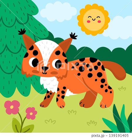 Square cartoon scene with lynx, fir tree, smiling sun. Forest background with cute cartoon animal. Nature woodland story book landscape with wild cat for kids. Funny wildlife scenery Square cartoon scene with lynx, fir tree, smiling sun. Forest background with cute cartoon animal. Nature woodland story book landscape with wild cat for kids. Funny wildlife scenery 139191405
