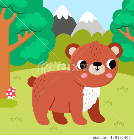 Square cartoon scene with brown bear, tree, mountains. Forest background with cute cartoon animal. Nature woodland story book landscape with teddy for kids. Funny wildlife scenery Square cartoon scene with brown bear, tree, mountains. Forest background with cute cartoon animal. Nature woodland story book landscape with teddy for kids. Funny wildlife scenery 139191406