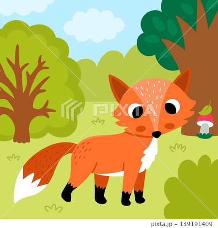 Square cartoon scene with red fox, trees, mushroom. Forest background with cute cartoon animal. Nature woodland story book landscape for kids. Funny wildlife scenery Square cartoon scene with red fox, trees, mushroom. Forest background with cute cartoon animal. Nature woodland story book landscape for kids. Funny wildlife scenery 139191409