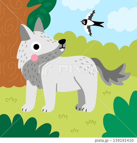 Square cartoon scene with grey wolf, trees, flying swallow. Forest background with cute cartoon animal. Nature woodland story book landscape with wild cat for kids. Funny wildlife scenery Square cartoon scene with grey wolf, trees, flying swallow. Forest background with cute cartoon animal. Nature woodland story book landscape with wild cat for kids. Funny wildlife scenery 139191410