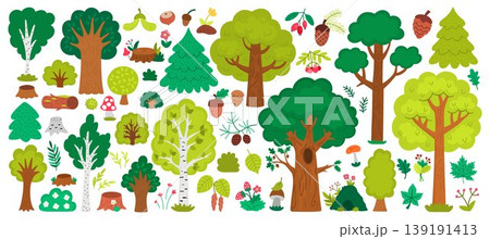 Big vector forest trees and plants set. Cartoon woodland flora collection. Natural parkland scene constructor with birch, pine, fir tree, acorn, mushrooms, cones. Environment care concept Big vector forest trees and plants set. Cartoon woodland flora collection. Natural parkland scene constructor with birch, pine, fir tree, acorn, mushrooms, cones. Environment care concept 139191413