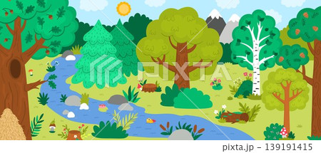 Horizontal cartoon forest border background. Empty nature woodland landscape with trees, plants, stream, log, bushes. Wild thicket panorama scene with anthill, mushrooms, river, stump Horizontal cartoon forest border background. Empty nature woodland landscape with trees, plants, stream, log, bushes. Wild thicket panorama scene with anthill, mushrooms, river, stump 139191415