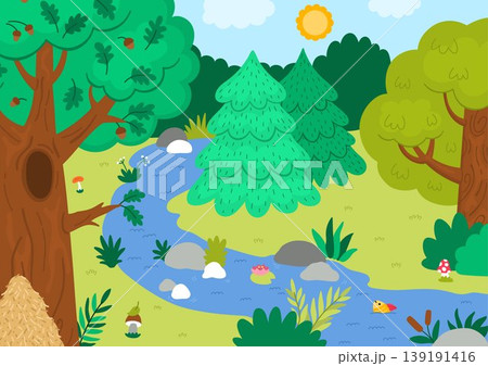 Horizontal cartoon forest border background. Empty nature woodland landscape with trees, plants, stream, bushes, acorn, fir tree. Wild thicket panorama scene with anthill, mushrooms, river 139191416