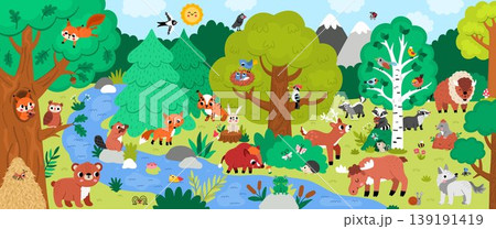 Horizontal cartoon forest animals border background. Nature woodland landscape with trees, plants, birds, insects, bear, fox, elk, bison. Wildlife panorama scene with stream, beaver, frog, raccoon Horizontal cartoon forest animals border background. Nature woodland landscape with trees, plants, birds, insects, bear, fox, elk, bison. Wildlife panorama scene with stream, beaver, frog, raccoon 139191419