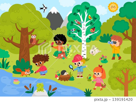 Horizontal cartoon forest background with cute kids exploring woods. Nature woodland landscape with trees, plants, birds, animals. Wildlife scene with children feeding squirrel, birdwatching, walking 139191420
