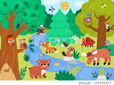 Horizontal cartoon forest animals background. Nature woodland landscape with trees, plants, birds, insects, bear, fox, elk, boar. Wildlife scene with stream, beaver, frog, raccoon, mole, squirrel Horizontal cartoon forest animals background. Nature woodland landscape with trees, plants, birds, insects, bear, fox, elk, boar. Wildlife scene with stream, beaver, frog, raccoon, mole, squirrel 139191421