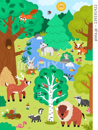 Vertical cartoon forest animals background. Nature woodland landscape with trees, plants, birds, insects, lynx, wolf, deer, bison. Wildlife panorama scene with stream, skunk, squirrel, snake 139191422