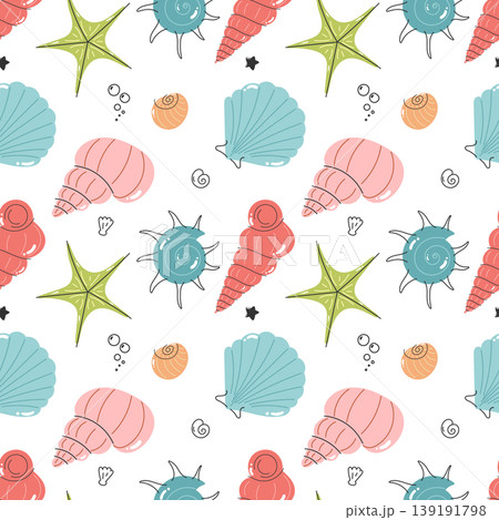 Seashell seamless pattern with shells starfish and marine elements in hand drawn doodle style for beach textile and summer packaging design Seashell seamless pattern with shells starfish and marine elements in hand drawn doodle style for beach textile and summer packaging design 139191798