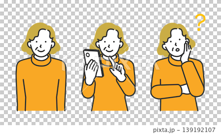 A set of facial expressions of a senior woman using a smartphone: smiling, worried, and line-drawn illustrations. A set of facial expressions of a senior woman using a smartphone: smiling, worried, and line-drawn illustrations. 139192107