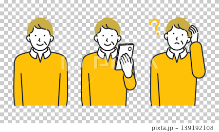 A set of facial expressions of a senior man using a smartphone: smiling, worried, and line-drawn illustrations. A set of facial expressions of a senior man using a smartphone: smiling, worried, and line-drawn illustrations. 139192108