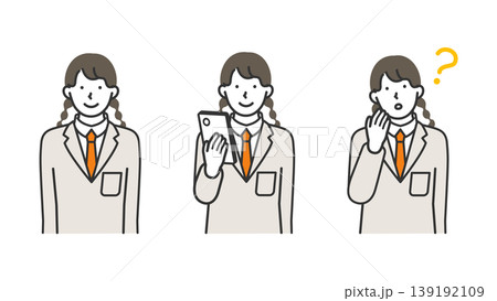 スマホを操作する女子学生の表情セット・笑顔と悩み・線画イラスト スマホを操作する女子学生の表情セット・笑顔と悩み・線画イラスト 139192109