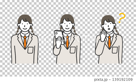 スマホを操作する女子学生の表情セット・笑顔と悩み・線画イラスト スマホを操作する女子学生の表情セット・笑顔と悩み・線画イラスト 139192109