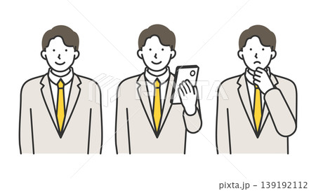 スマホを操作するスーツの男性会社員の表情セット・笑顔と悩み・線画イラスト スマホを操作するスーツの男性会社員の表情セット・笑顔と悩み・線画イラスト 139192112