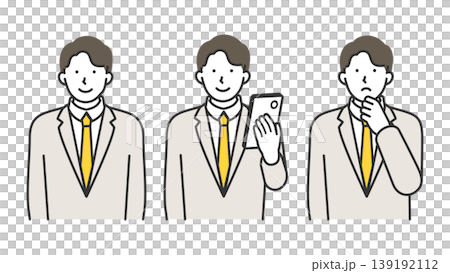 スマホを操作するスーツの男性会社員の表情セット・笑顔と悩み・線画イラスト スマホを操作するスーツの男性会社員の表情セット・笑顔と悩み・線画イラスト 139192112