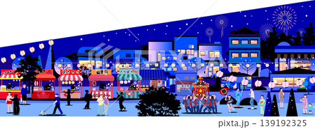 夏祭りの夜市と花火のベクターイラスト 背景素材（コピースペース、レイヤー整理済、編集可能） 139192325