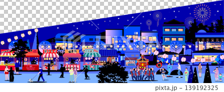 夏祭りの夜市と花火のベクターイラスト 背景素材（コピースペース、レイヤー整理済、編集可能） 139192325