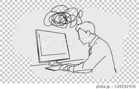 ノートパソコンの前で悩む男性の線画イラスト ノートパソコンの前で悩む男性の線画イラスト 139192410