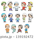 Collection of cute cartoon boys wearing modest outfits and caps, inspired by Muslim childrens fashion.  139192472