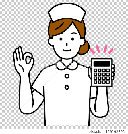 電卓を見せてOKサインをする女性看護師 電卓を見せてOKサインをする女性看護師 139192703