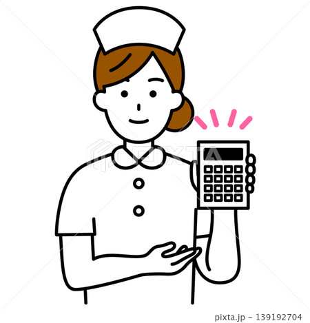 電卓で金額を見せる女性看護師 電卓で金額を見せる女性看護師 139192704
