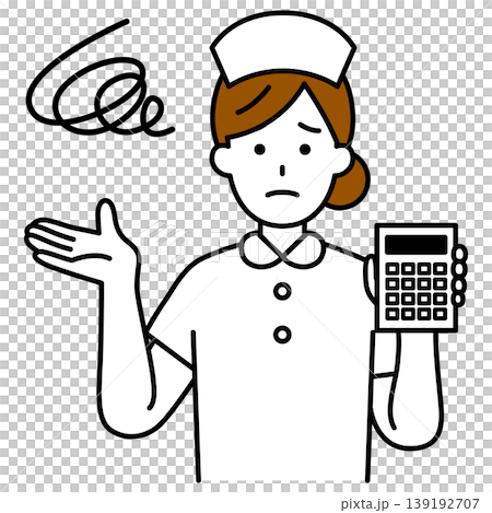 電卓を見せて不満そうにする女性看護師 電卓を見せて不満そうにする女性看護師 139192707