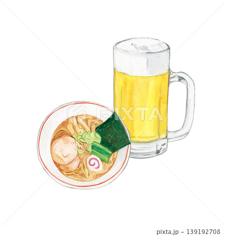 手描き水彩のジョッキビールとシンプルな醤油ラーメンの重なりイラスト 日本の食文化 139192708
