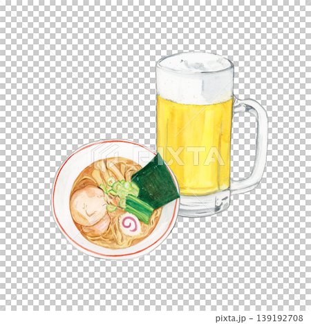 手描き水彩のジョッキビールとシンプルな醤油ラーメンの重なりイラスト 日本の食文化 139192708