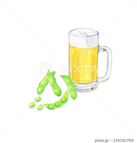 手描き水彩のジョッキビールと枝豆(さやと粒3つ)のシンプルなおつまみイラスト 手描き水彩のジョッキビールと枝豆(さやと粒3つ)のシンプルなおつまみイラスト 139192709
